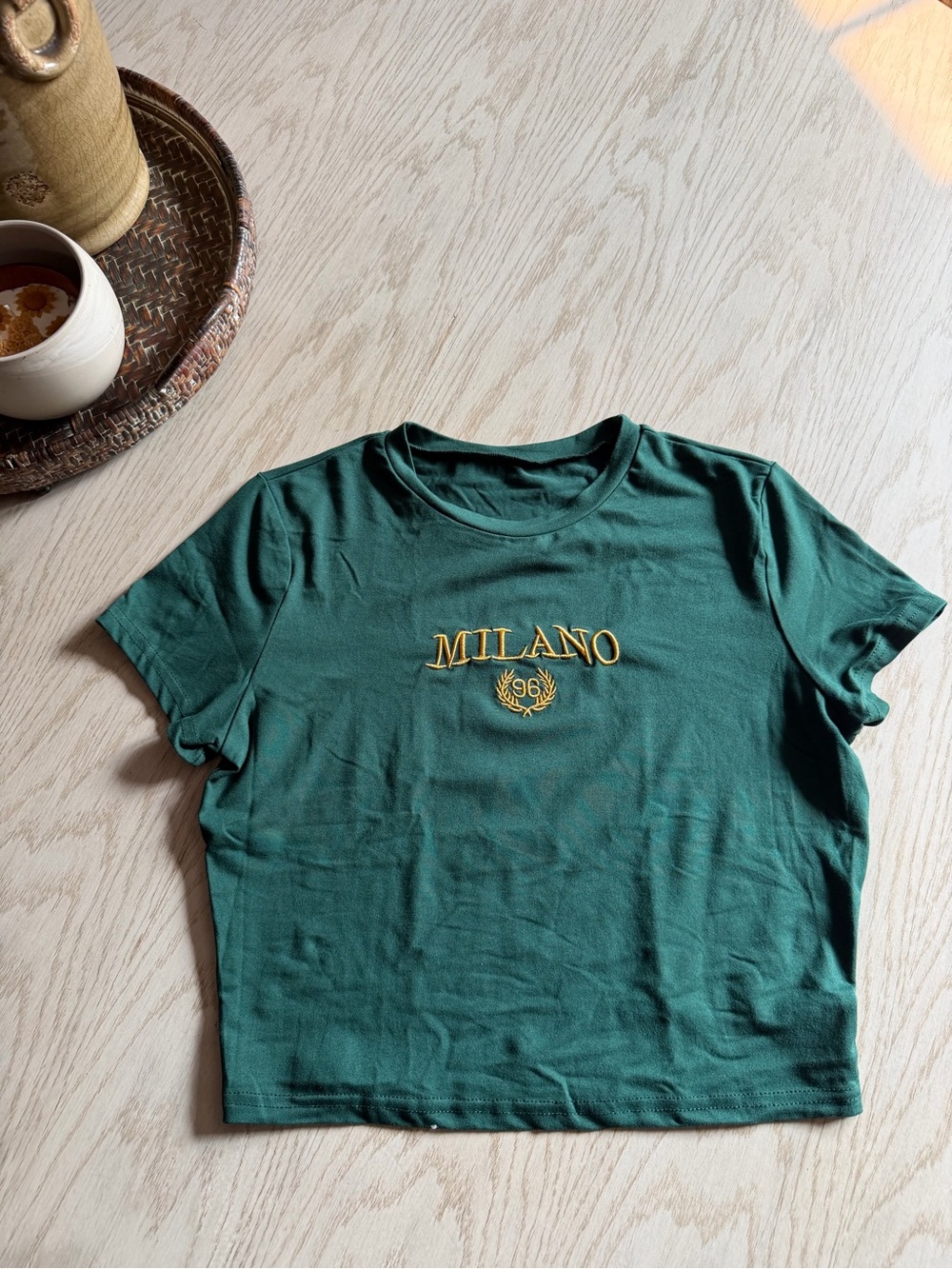 Milano Green Crewneck Tee with Gold Embroidery